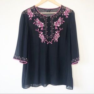 Vivienne Tam Vintage Embroidered Silk Top Black Pink